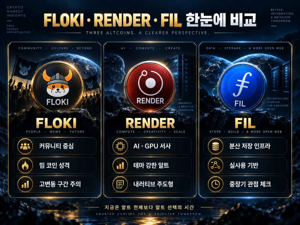 비트코인 도미넌스가 높아질 때 주목할 알트코인 3가지 3 FLOKI vs RENDER vs FIL 비교 카드