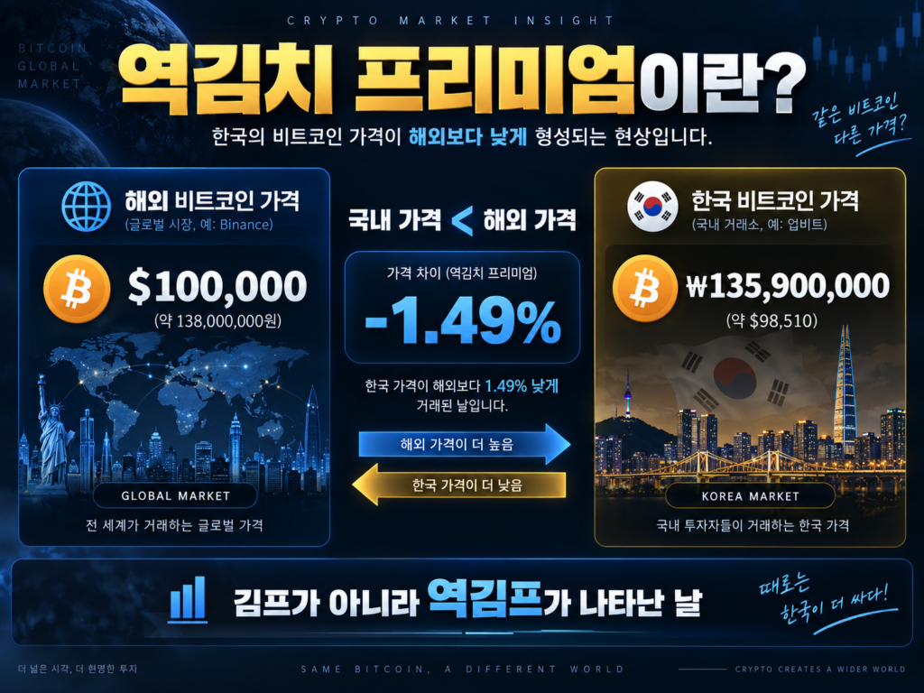 비트코인 역김치 프리미엄 -1.49%, 한국 투자자가 읽어야 할 진짜 신호 2 비트코인 김치 프리미엄과 역김치 프리미엄 차이