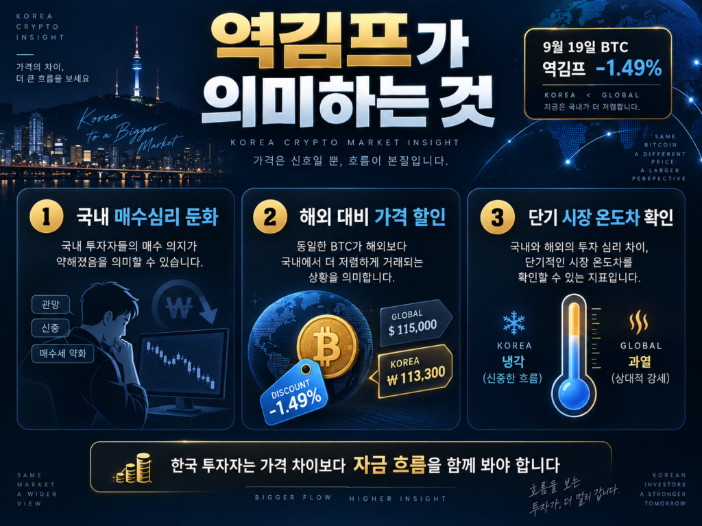 비트코인 역김치 프리미엄 -1.49%, 한국 투자자가 읽어야 할 진짜 신호 3 비트코인 역김치 프리미엄 -1.49% 한국 코인 시장 분석